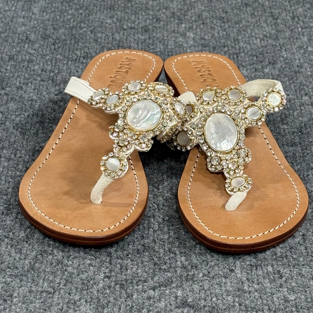 Mystique Wedge Sandals Womens Size 6 White Leather Jeweled Thong Rhinestone